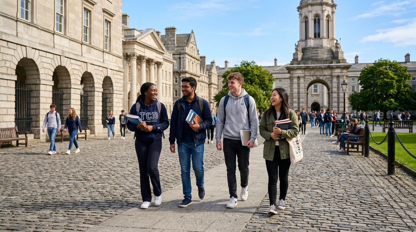 University students walking on an iconic Irish university campus